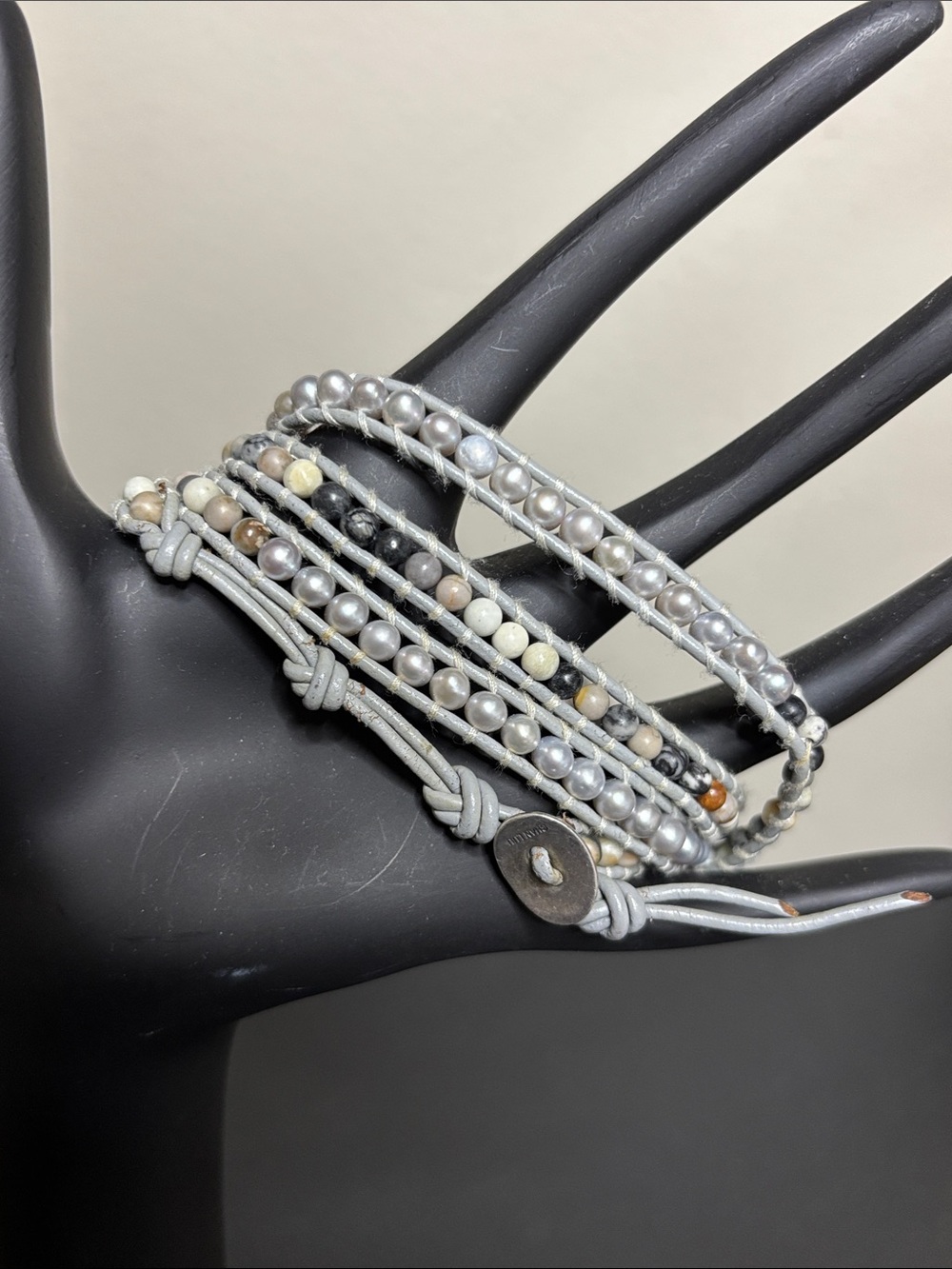 Chan Luu 925 Leather Gray Beaded Wrap Bracelet - Neutral Pearl Stone Accent